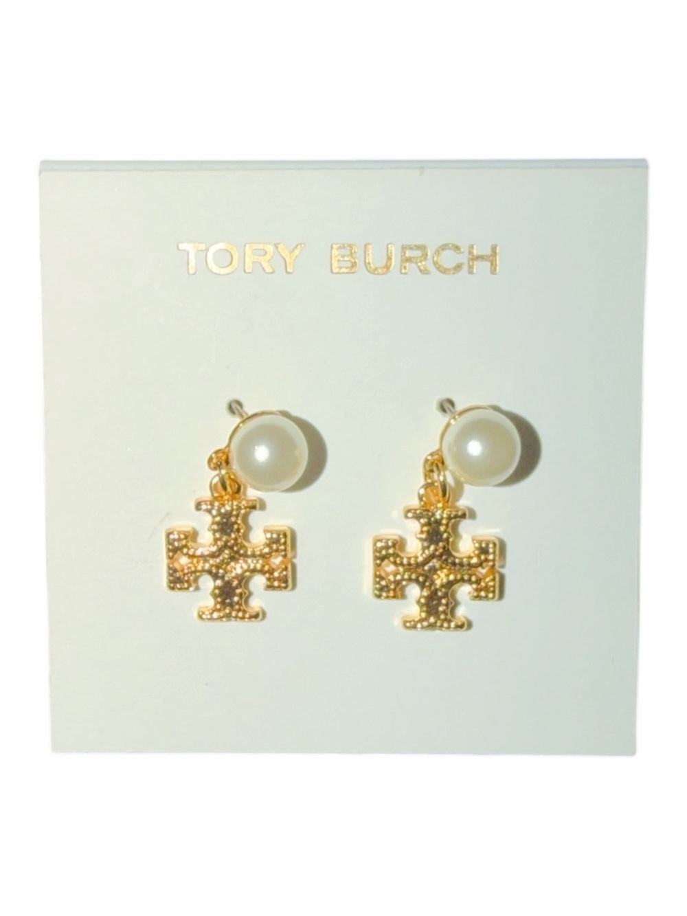 NWT Tory Burch Gold Double-T Logo & Faux Pearl Drop Earrings